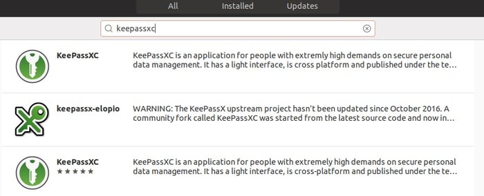 KeePassXC en el centro de software de Ubuntu
