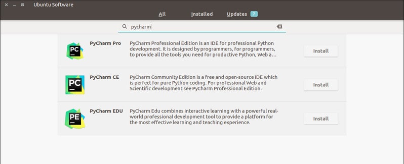 PyCharm del Centro de software de Ubuntu