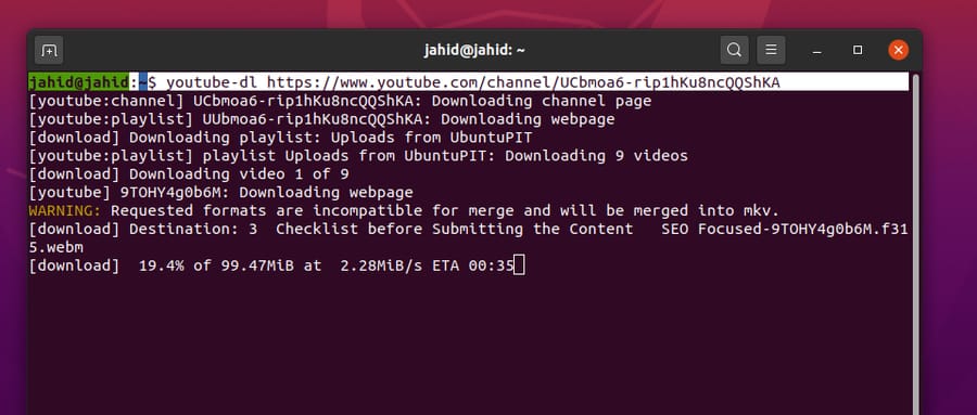 YouTube-DL en la lista de reproducción de Linux de ubuntupit