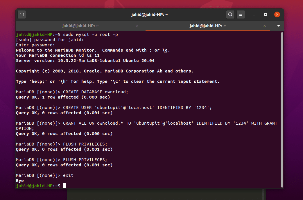creando una base de datos y un usuario para OWNCLOUD en Ubuntu final