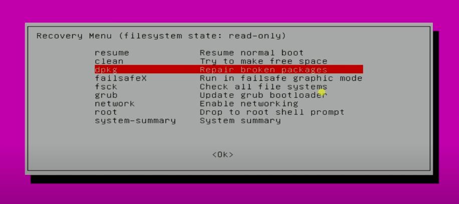reparar paquetes brpken desde el modo de recuperación en ubuntu