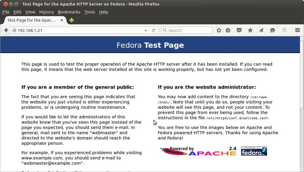 Página de prueba-Apache-HTTP-Server-Fedora23