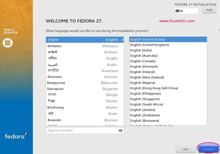 Fedora27-Server-Instalación-Idioma-Selección