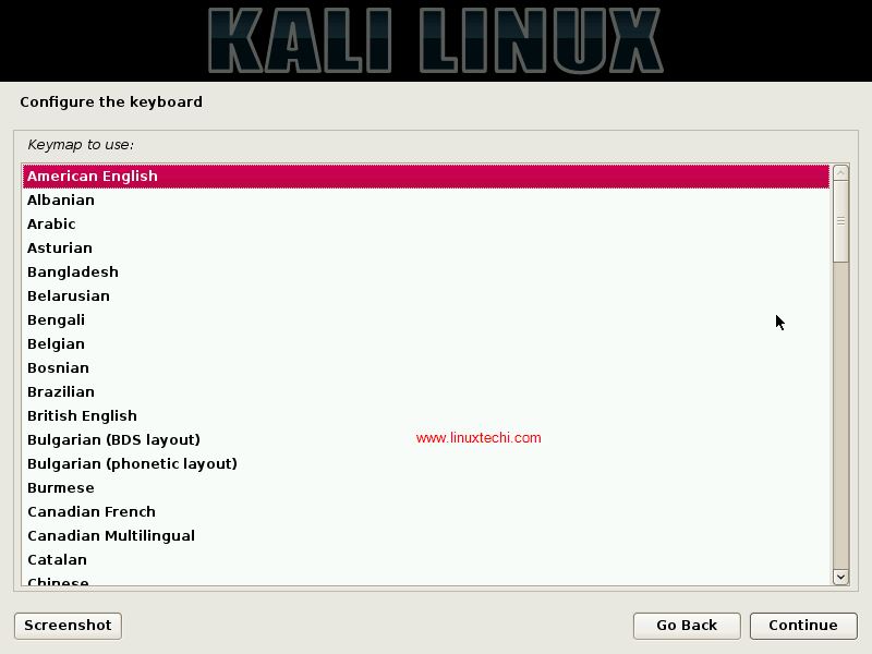 Disposición del teclado durante la instalación de KaliLinux