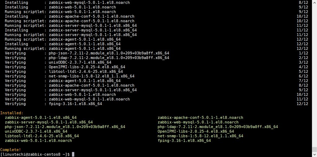 Instalado con éxito-Zabbix-Paquetes-CentOS8