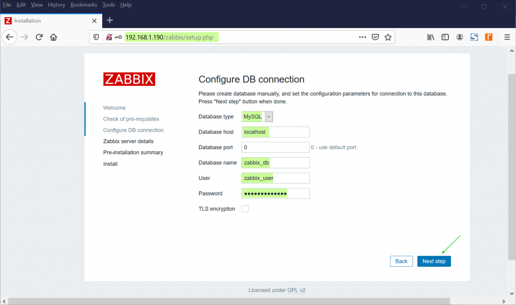 Zabbix-Base de datos-Detalles-GUI-CentOS8