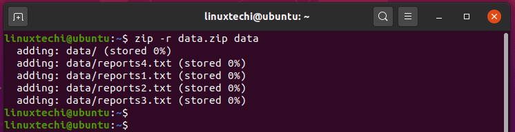 Por ejemplo, para comprimir los datos de un directorio en un archivo data.zip, ejecute:
