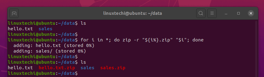 Por ejemplo, el siguiente ejemplo comprime el archivo hello.txt y la carpeta sales en sus propios archivos hello.zip y sales.zip respectivamente.