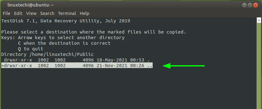 Modificación-fecha-destino-directorio-testdisk-linux