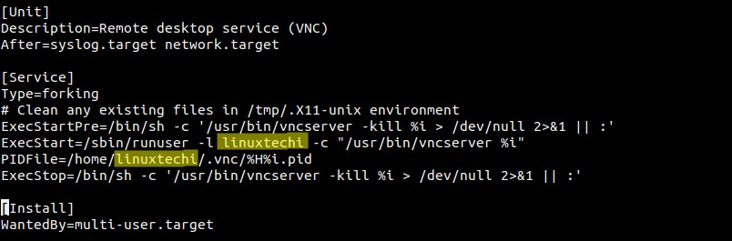archivo de configuración del servidor vnc